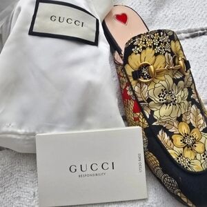 Gucci Black & Gold Floral Horsebit Mule